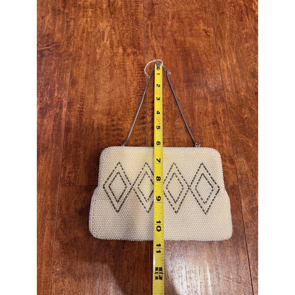 Vintage Beaded Clutch Purse Cream White Geometric Pattern Evening Bag